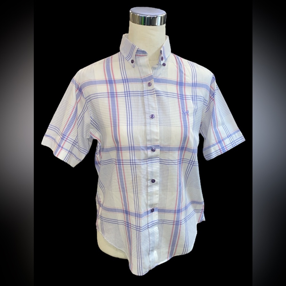 Hunters Glen plaid white blue pink button down lightweight top